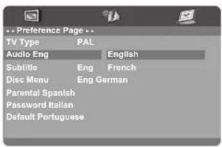 Preference Page TV Type PAL Audio Eng English Subtitle Eng French Disc Menu Eng German Parental Spanish Password Italian Default Portuguese