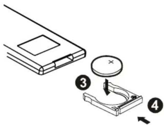Diagram illustrating a battery storage mechanism with labeled steps 3 and 4 showing components and directional arrows.
