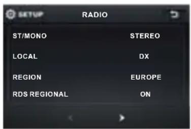 SETUP RADIO ST/MONO STEREO LOCAL DX REGION EUROPE RDS REGIONAL ON