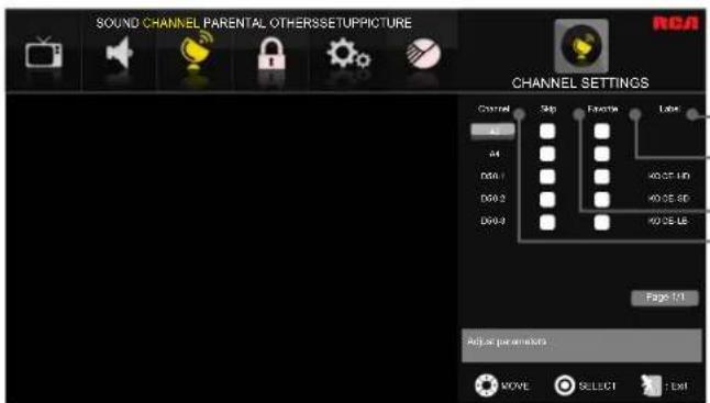SOUND CHANNEL PARENTAL OTHERSSETUPPICTURE RCA CHANNEL SETTINGS Control 40 Enable Layer A1 A4 D00-1 D00-2 D00-3 40 DE 10 40 DE 50 40 DE 50 Page 11 Adjust parameters MOVE SELECT : Exit