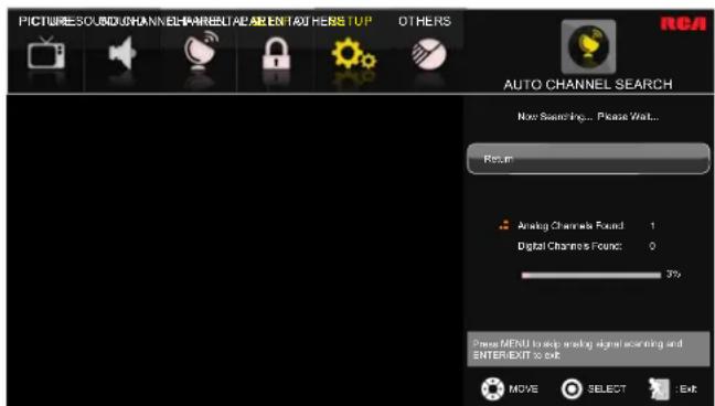PICTURESOUND CHANNEL/PARELATE AREENTAI HERS TUP OTHERS ReCA AUTO CHANNEL SEARCH Now Searching... Please Wait... Recun Analog Channels Found: 1 Digital Channels Found: 0 3% Press MENU to skip analog signal scanning and ENTER/EXIT to exit MOVE SELECT Exit