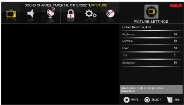 SOUND CHANNEL PARENTAL OTHERSSETUPPICTURE RCA PICTURE SETTINGS Picture Mode Standard Brightness 50 Contrast 50 Color 50 Tint 0 Sharpness 50 Adjust picture mode to change picture appearance. MOVE SELECT : Exit