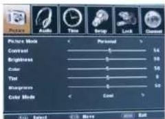 Picture Mode Contrast Brightness Color Tal Sharpness Color Mode Personal 54 50 50 8 50 Gold Auto Select Tools More Save Button