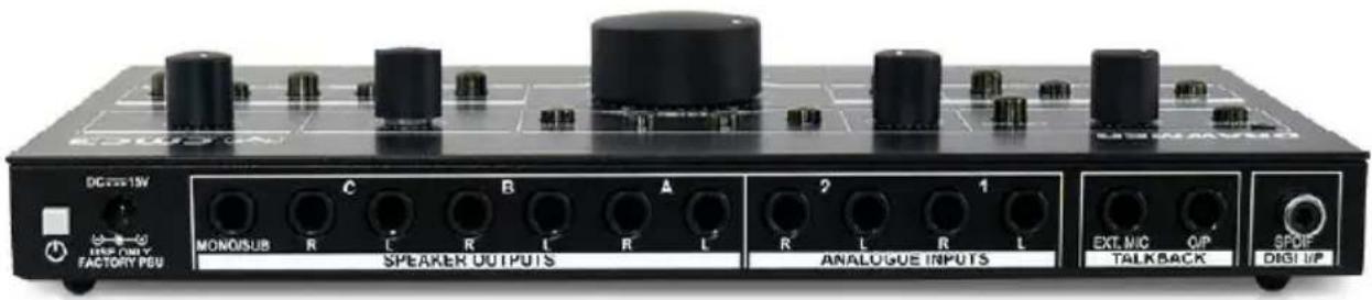 DC Power 15V MONOISUB C B A 2 1 R L R L R L R L R L SPEAKER OUTPUTS ANALOGUE INPUTS EXTINIC OP TALKBACK SPOT DISI UP