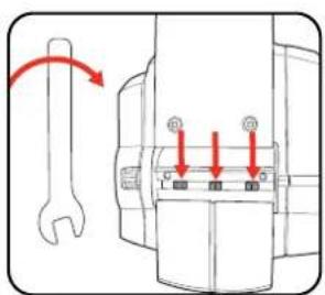Diagram showing a wrench interacting with a mechanical component, with red arrows indicating rotation and adjustment points labeled '60' and '80'.