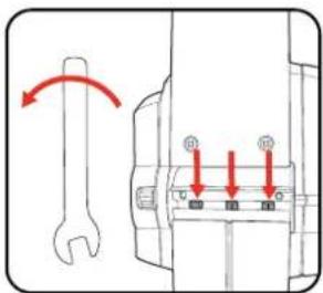 Diagram showing a wrench and connector with red arrows indicating rotation, likely illustrating a mechanical or electrical component assembly.