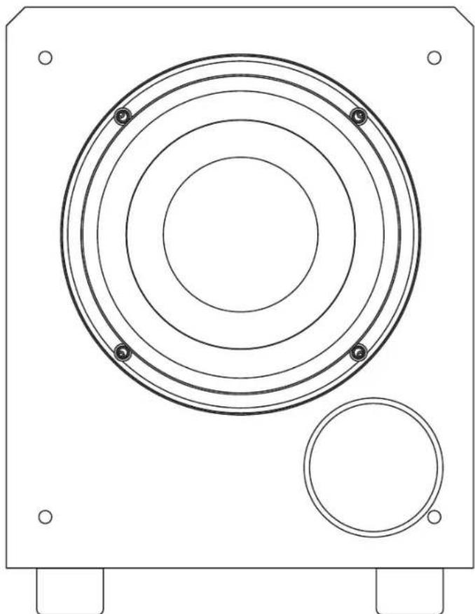 Technical line drawing of a speaker or speaker with concentric circles and mounting feet (no text or symbols)