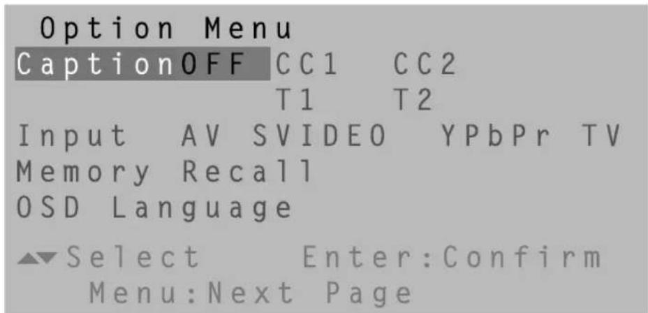 Option Menu CaptionOFF CC1 CC2 T1 T2 Input AV SVIDEO YPbPr TV Memory Recall OSD Language Select Enter:Confirm Menu:Next Page