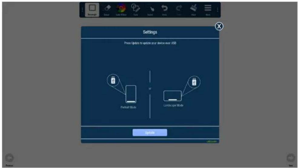 Settings Press Update to update your device over USB Footfall Mode IF Landscape Mode Update