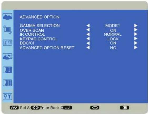 ADVANCED OPTION GAMMA SELECTION OVER SCAN IR CONTROL KEYPAD CONTROL DDC/CI ADVANCED OPTION RESET MODE1 ON NORMAL LOCK ON NO