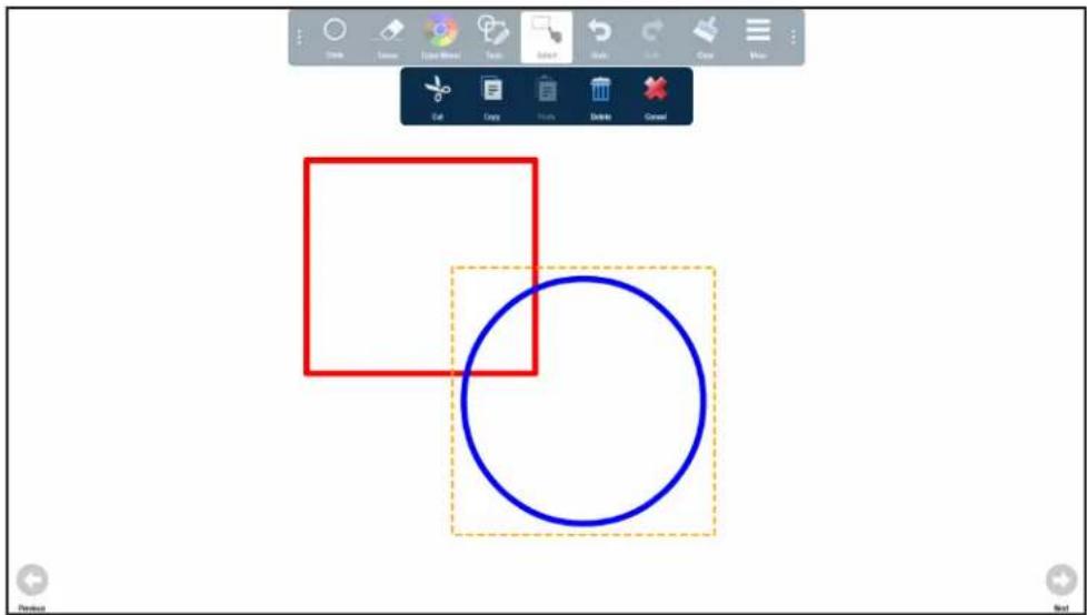 Screenshot of a graphic design software interface showing two overlapping circles with tool icons and menu options.