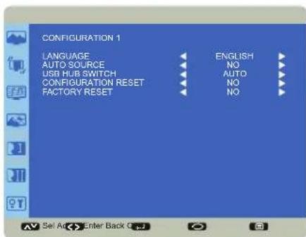 CONFIGURATION 1 LANGUAGE ENGLISH AUTO SOURCE N0 USB HUB SWITCH AUTO CONFIGURATION RESET N0 FACTORY RESET N0