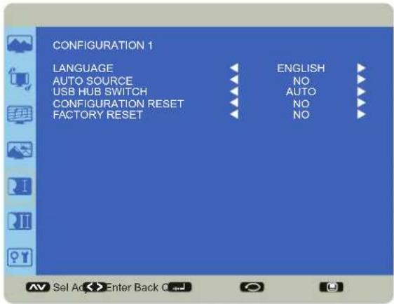 CONFIGURATION 1 LANGUAGE ENGLISH AUTO SOURCE NO USB HUB SWITCH AUTO CONFIGURATION RESET NO FACTORY RESET NO