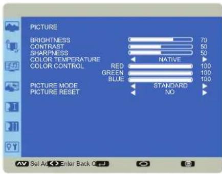PICTURE BRIGHTNESS 70 CONTRAST 50 SHARPNESS 50 COLOR TEMPERATURE NATIVE COLOR CONTROL RED 100 GREEN 100 BLUE 100 STANDARD NO PICTURE MODE PICTURE RESET