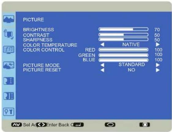 PICTURE BRIGHTNESS 70 CONTRAST 50 SHARPNESS 50 COLOR TEMPERATURE NATIVE COLOR CONTROL RED 100 GREEN 100 BLUE 100 STANDARD NO PICTURE MODE PICTURE RESET