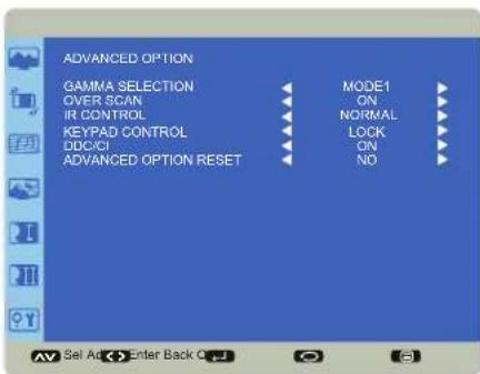 ADVANCED OPTION GAMMA SELECTION OVER SCAN IR CONTROL KEYPAD CONTROL DD/CI ADVANCED OPTION RESET MODE1 ON NORMAL LOCK ON NO
