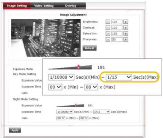 Image Setting Video Setting Overlay Image Adjustment Brightness: 125 + Contrast: 125 + Saturation: 155 + Sharpness: 50 + Default Exposure Mode Day Mode Setting Exposure Value Exposure Time Gain Night Mode Setting Exposure Value Exposure Time Gain 181 1/10000 Sec(s)(Min) ~ 1/15 Sec(s)(Max) 00 x (Min) ~ 08 x (Max) 181 1/10000 Sec(s)(Min) ~ 1/15 Sec(s)(Max) 00 x (Min) ~ 08 x (Max) Apply
