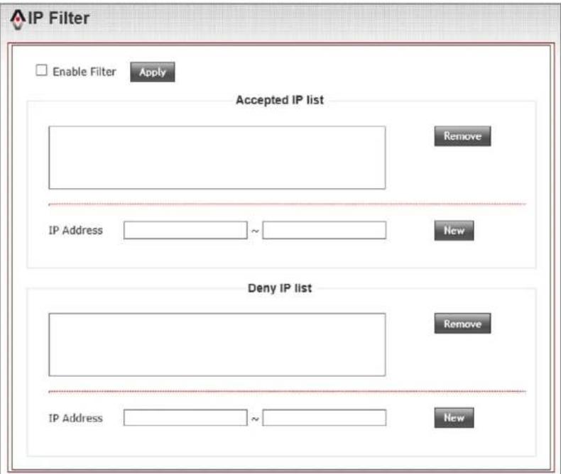 IP Filter Enable Filter Apply Accepted IP list Remove IP Address ~ New Deny IP list Remove IP Address ~ New