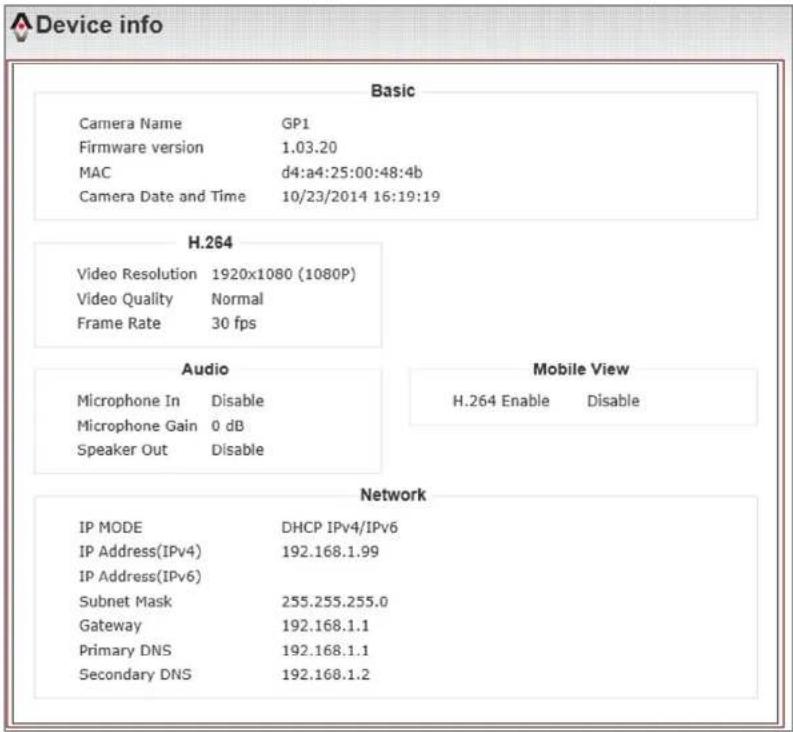 Device info Basic Camera Name GP1 Firmware version 1.03.20 MAC d4:a4:25:00:48:4b Camera Date and Time 10/23/2014 16:19:19 H.264 Video Resolution 1920x1080 (1080P) Video Quality Normal Frame Rate 30 fps Audio Microphone In Disable Microphone Gain 0 dB Speaker Out Disable Mobile View H.264 Enable Disable Network IP MODE DHCP IPv4/IPv6 IP Address(IPv4) 192.168.1.99 IP Address(IPv6) Subnet Mask 255.255.255.0 Gateway 192.168.1.1 Primary DNS 192.168.1.1 Secondary DNS 192.168.1.2
