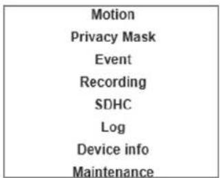 Motion Privacy Mask Event Recording SDHC Log Device info Maintenance