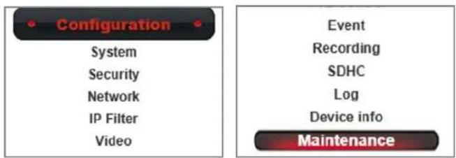 Configuration System Security Network IP Filter Video Event Recording SDHC Log Device info Maintenance