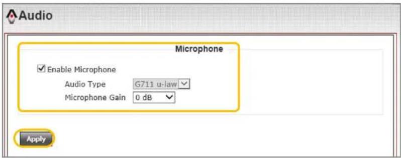 Audio Microphone Enable Microphone Audio Type G711 u-law Microphone Gain 0 dB Apply