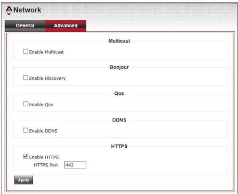 Network General Advanced Multicast Enable Multicast Bonjour Enable Discovery Qos Enable Qos DDNS Enable DDNS HTTPS Enable HTTPS HTTPS Port 443 Apply