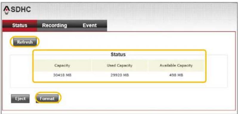 ASDHC Status Recording Event Refresh Status Capacity Used Capacity Available Capacity 30418 MB 29920 MB 498 MB Eject Format