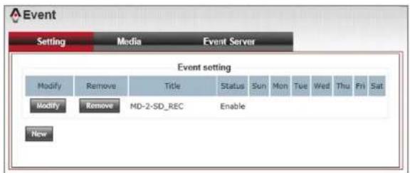 Event Setting Media Event Server Event setting Modify Remove Title Status Sun Mon Tue Wed Thu Fri Sat Modify Remove MD-2-SD_REC Enable New