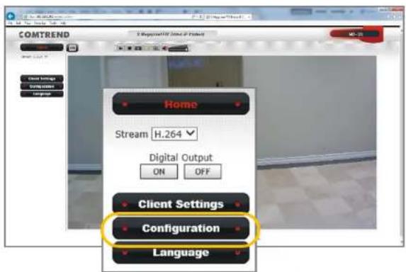 COMTREND A Reportant Name of Product M-75 Home Stream H.264 Digital Output ON OFF Client Settings Configuration Language