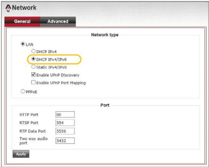 Network General Advanced Network type ● LAN ○ DHCP IPv4 ● DHCP IPv4/IPv6 ○ Static IPv4/IPv6 ✓ Enable UPnP Discovery □ Enable UPnP Port Mapping ○ PPPoE Port HTTP Port 80 RTSP Port 554 RTP Data Port 5556 Two way audio port 5432 Apply