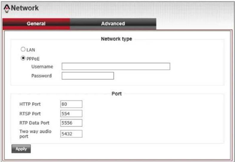 Network General Advanced Network type ○ LAN ● PPPoE Username Password Port HTTP Port 80 RTSP Port 554 RTP Data Port 5556 Two way audio port 5432 Apply
