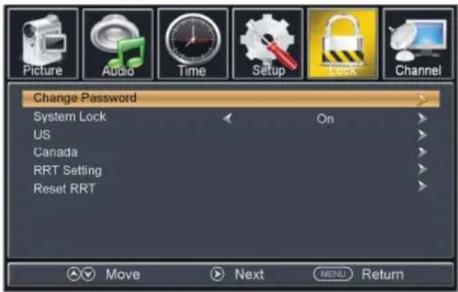Picture Audio Time Setup Lock Channel Change Password System Lock On US Canada RRT Setting Reset RRT Move Next MENU Return