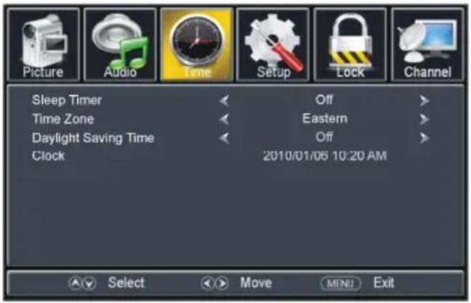 Picture Audio Time Setup Lock Channel Sleep Timer Off Time Zone Eastern Daylight Saving Time Off Clock 2010/01/06 10:20 AM Select Move MENU Exit