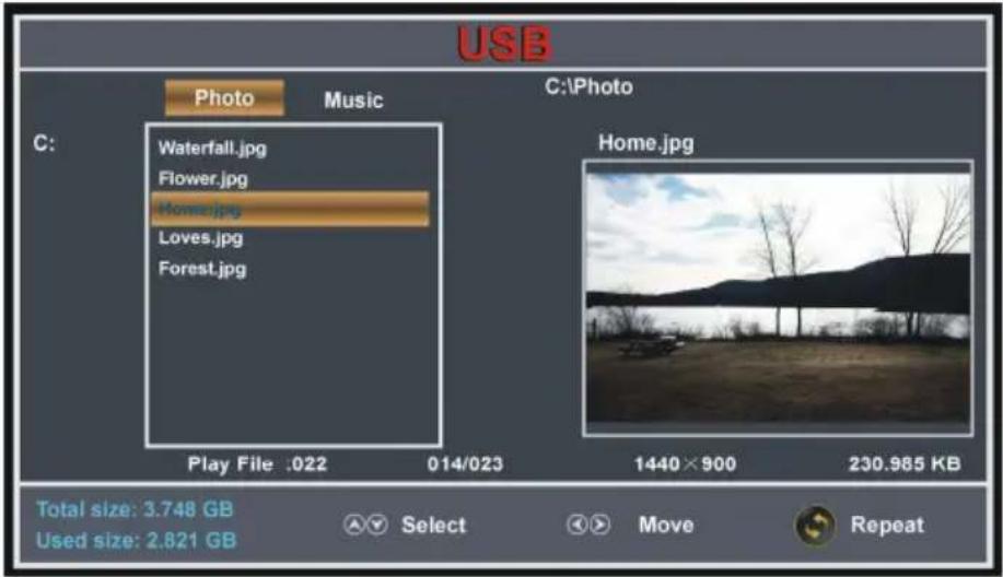 USB Photo Music C:\Photo C: Waterfall.jpg Flower.jpg Home.jpg Loves.jpg Forest.jpg Play File :022 014/023 Homem.jpg 1440×900 230.985 KB Total size: 3.748 GB Used size: 2.821 GB Select Move Repeat