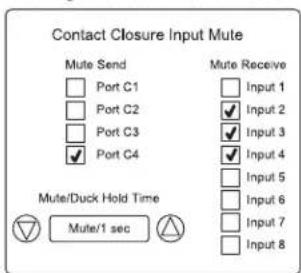 Contact Closure Input Mute Mute Send Port C1 Port C2 Port C3 Port C4 Mute/Duck Hold Time Mute/1 sec Mute Receive Input 1 Input 2 Input 3 Input 4 Input 5 Input 6 Input 7 Input 8