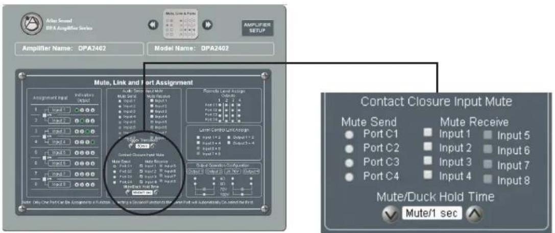 Mute, Link and Port Assignment Mute Send Mute Receive Port C1 Input 1 Input 5 Port C2 Input 2 Input 6 Port C3 Input 3 Input 7 Port C4 Input 4 Input 8 Mute/Duck Hold Time Mute/1 sec