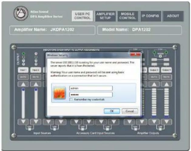 Atlas Sound DPA Amplifier Series USER PC CONTROL AMPLIFIER SETUP MOBILE CONTROL IP CONFIG ABOUT Amplifier Name: JKDPA1202 Model Name: DPA1202 INDICATORS SHOW INPUT TO OUTPUT ASSIGNMENTS Windows Security The server 192.188.1.136 is asking for your user name and password. The server reports that it is from Protected. Warning: Your user name and password will be sent using basic authentication on a connection that isn't secure. admin ****** Remember my coauthorship OK Cancel Input Sources Accessory Card Input Sources Amplifier Outputs