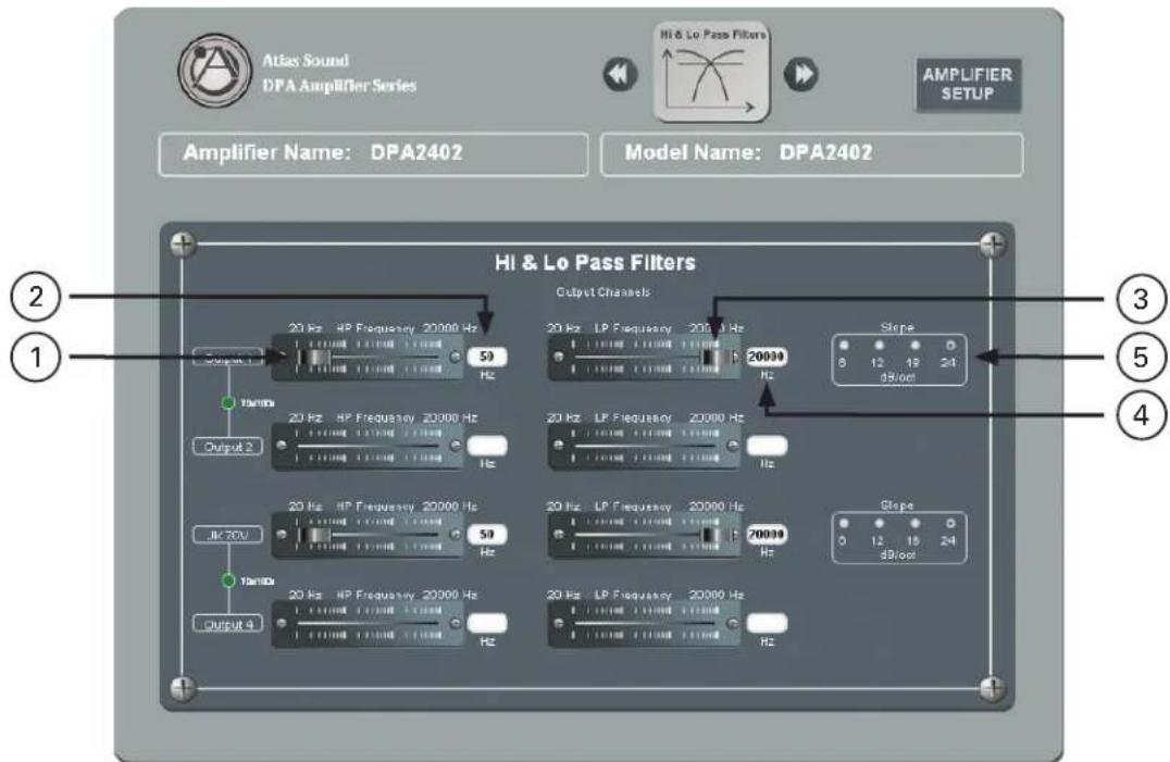 Atlas Sound DPA Amplifier Series HI & Lo Pass Filters AMPLIFIER SETUP Amplifier Name: DPA2402 Model Name: DPA2402 HI & Lo Pass Filters Output Channels 20 Hz HP Frequency 20000 Hz 50 Hz 20 Hz LP Frequency 2000 Hz 20 Hz LP Frequency 20000 Hz 20 Hz LP Frequency 20000 Hz 20 Hz LP Frequency 20000 Hz Output 1 10MHz Output 2 1Hz 20 Hz HP Frequency 20000 Hz 50 Hz 20 Hz LP Frequency 20000 Hz 20 Hz LP Frequency 20000 Hz Output 3 10MHz Output 4 3 5 4