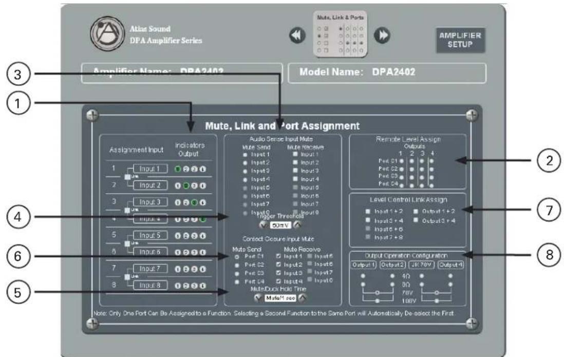 Atlas Sound DPA Amplifier Series Mute, Link & Ports AMPLIFIER SETUP Amplifier Name: DPA2402 Model Name: DPA2402 Mute, Link and Port Assignment Assignment Input Indicators Output 1 Input 1 2 Input 2 3 Input 3 4 Input 4 5 Input 5 6 Input 6 7 Input 7 8 Input 8 Audio Sense Input Muts Mute Send Input 1 Input 2 Input 3 Input 4 Input 5 Input 6 Input 7 Input 8 Mute Receive Input 1 Input 2 Input 3 Input 4 Input 5 Input 6 Input 7 Input 8 Trigger Threshold 50mV Remote Level Assign Outputs 1 2 3 4 Pst. C1 Pst. C2 Pst. C3 Pst. C4 Level Control Link Assign Input 1+2 Output 1+2 Input S +4 Output S +4 Input S +5 Input S +8 Output Operation Configuration Output 1 Output 2 UK 70V Output 4 4Ω 3Ω 70V 100V Note: Only One Port Can Be Assigned to a Function. Selecting a Second Function to the Same Port will Automatically Do select the First