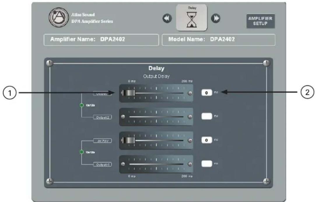 Atlas Sound DPA Amplifier Series Delay AMPLIFIER SETUP Amplifier Name: DPA2402 Model Name: DPA2402 Delay Output Delay 0 ms 200 ms 0 ms Output2 JK70V 0 ms 10V/100s Output2 0 ms 200 ms 0 ms 200 ms 1 ① ②