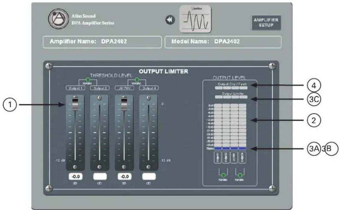 Atlas Sound DPA Amplifier Series Limiter AMPLIFIER SETUP Amplifier Name: DPA2402 Model Name: DPA2402 OUTPUT LIMITER THRESHOLD LEVEL Output 1 Output 2 Output 3 Output 4 -12 dB -0.0 dB -0.0 dB -12 dB OUTPUT LEVEL Output Clip / Fault Output Limiter 0 dB -3 dB -6 dB -9 dB -2 dB -5 dB -8 dB -11 dB -24 dB -57 dB -70 dB -10 dB -33 dB Sum1 Output Clip / Fault Output Limiter ④ ③C ② ③A ③B
