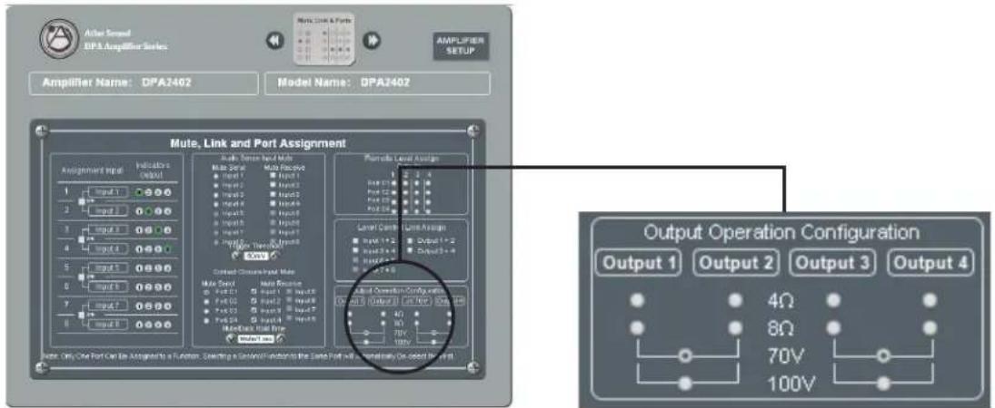 After Second DPA Amplifier Series Mute Link & Parts AMPLIFIER SETUP Amplifier Name: DPA2402 Model Name: DPA2402 Mule, Link and Port Assignment Assignment input 1 Input 1 2 Input 2 3 Input 3 4 Input 4 5 Input 5 6 Input 6 7 Input 7 8 Input 8 Audio, Sound, Head Mode Multi-Load Multi-Output Input 1 Input 2 Input 3 Input 4 Input 5 Input 6 Input 7 Input 8 Input 9 Input 10 Output: Main/Output Multi-Load Multi-Output Level Cache Input 1+2 Output 3+4 Output: Main/Output Multi-Load Multi-Output Output: Output 1, Output 2, Output 3, Output 4 Output Operation Configuration Output 1 Output 2 Output 3 Output 4 4Ω 8Ω 70V 100V