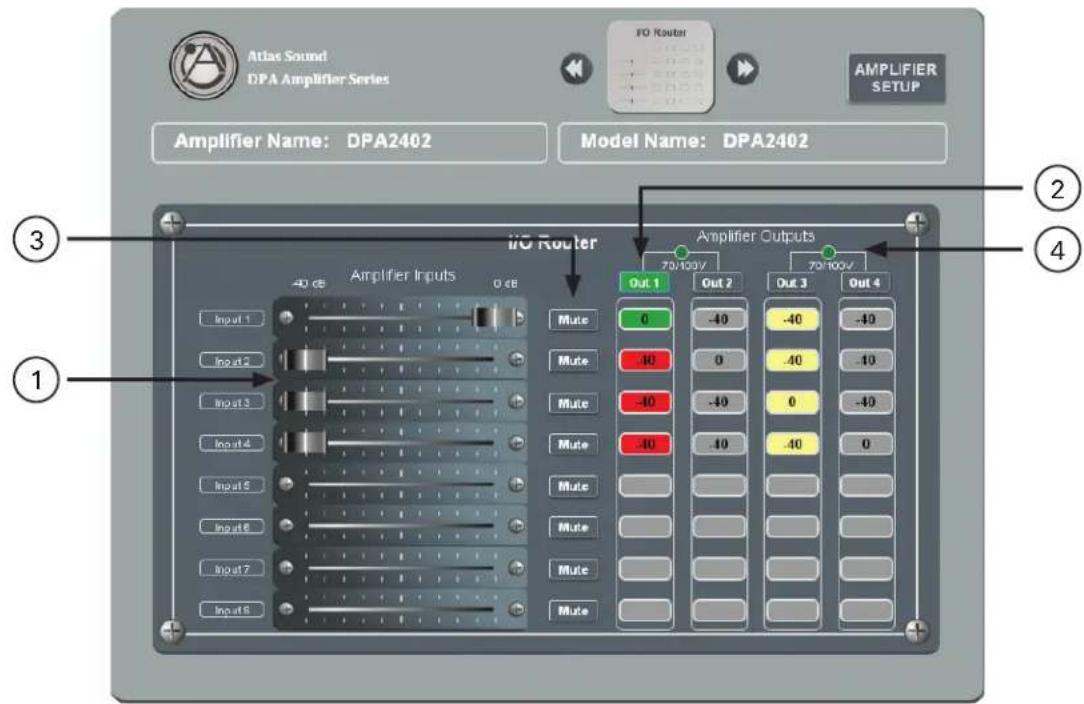 Atlas Sound DPA Amplifier Series I/O Router AMPLIFIER SETUP Amplifier Name: DPA2402 Model Name: DPA2402 iIO Router Amplifier Inputs -40 dB 0 dB Mute 0 -40 -40 -40 Mute -40 0 -40 -40 Mute -40 -40 0 -40 Mute -40 -40 -40 0 Mute Mute Mute Mute Mute Mute Mute Mute Mute Mute Mute Mute Mute Mute Mute Mute Mute Mute Mute Mute Mute Mute Mute Mute Mute Mute Mute Mute Mute Mute Mute Mute Mute Mute Mute Mute Mute Mute Mute Mute Mute Mute Mute Mute Mute Mute Mute Mute Mute Mute Mute 70/100V Out 1 Out 2 Out 3 Out 4 ② ④ ③ ①