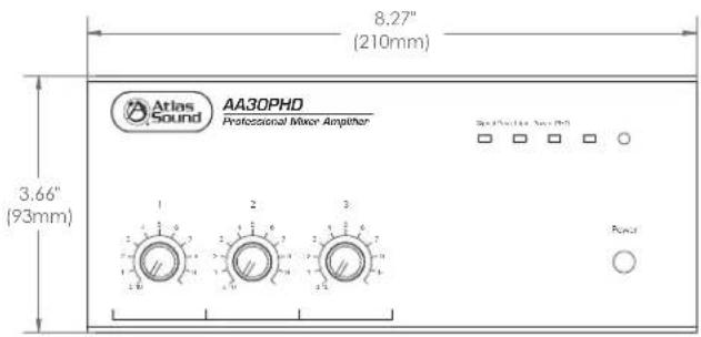 8.27" (210mm) 3.66" (93mm) Atlas Sound AA30PHD Professional Mixer Amplifier 1 2 3 Power