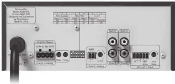 PA Amplifier Model: AR3890 Output Rated 360 Designed and Engineered by Atlas Sound Made in China Ampuller Output COM 42.25V Max CLASS 7 WRING Base Traffic 6001 Level Sound 2 - Output Sum In Back In Down 2 Churn 2 Channel 1 - Input