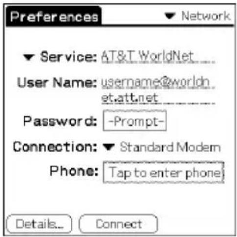 Preferences ▼ Service: AT&T WorldNet User Name: username@worldn et.att.net Password: -Prompt- Connection: ▼ Standard Modem Phone: Tap to enter phone Details... Connect
