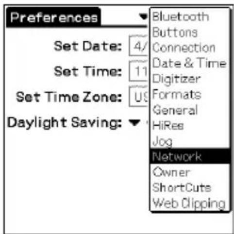 Preferences Set Date: 4/ Set Time: 11 Set Time Zone: U9 Daylight Saving: Bluetooth Buttons Connection Date & Time Digitizer Formats General HiRes Jog Network Owner ShortCuts Web Clipping