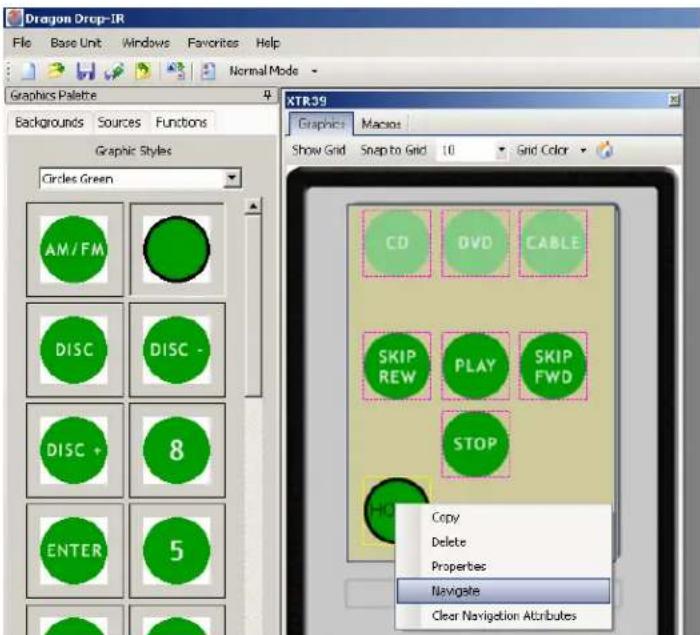 Dragon Drop-IR File Base Unit Windows Favorites Help Graphics Palette Background Sources Functions Graphic Styles Circles Green KTR39 Graphics: Macios Show Grid Snap to Grid 10 Grid Color CD DVD CABLE SKIP REW PLAY SKIP FWD STOP Copy Delete Properties Navigate Clear Navigation Attributes