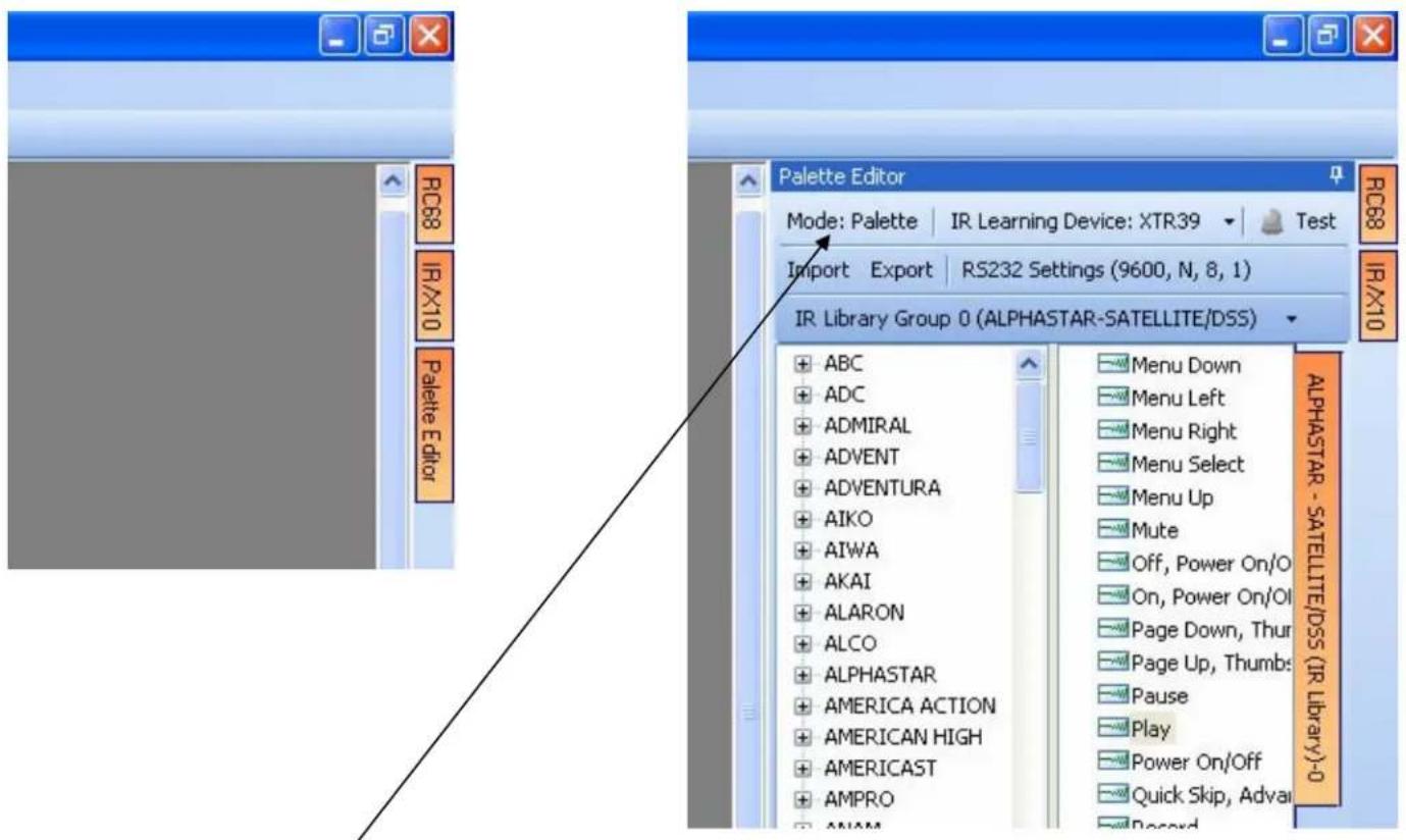 Palette Editor Mode: Palette | IR Learning Device: XTR39 ▼ Test Import Export | RS232 Settings (9600, N, 8, 1) IR Library Group 0 (ALPHASTAR-SATELLITE/DSS) ABC ADC ADMIRAL ADVENT ADVENTURA AIKO AIWA AKAI ALARON ALCO ALPHASTAR AMERICA ACTION AMERICAN HIGH AMERICAST AMPRO ARM Menu Down Menu Left Menu Right Menu Select Menu Up Mute Off, Power On/O On, Power On/OI Page Down, Thur Page Up, Thumbs Pause Play Power On/Off Quick Skip, Advai Record ALPHASTAR - SATELLITE/DSS (IR Library)-0